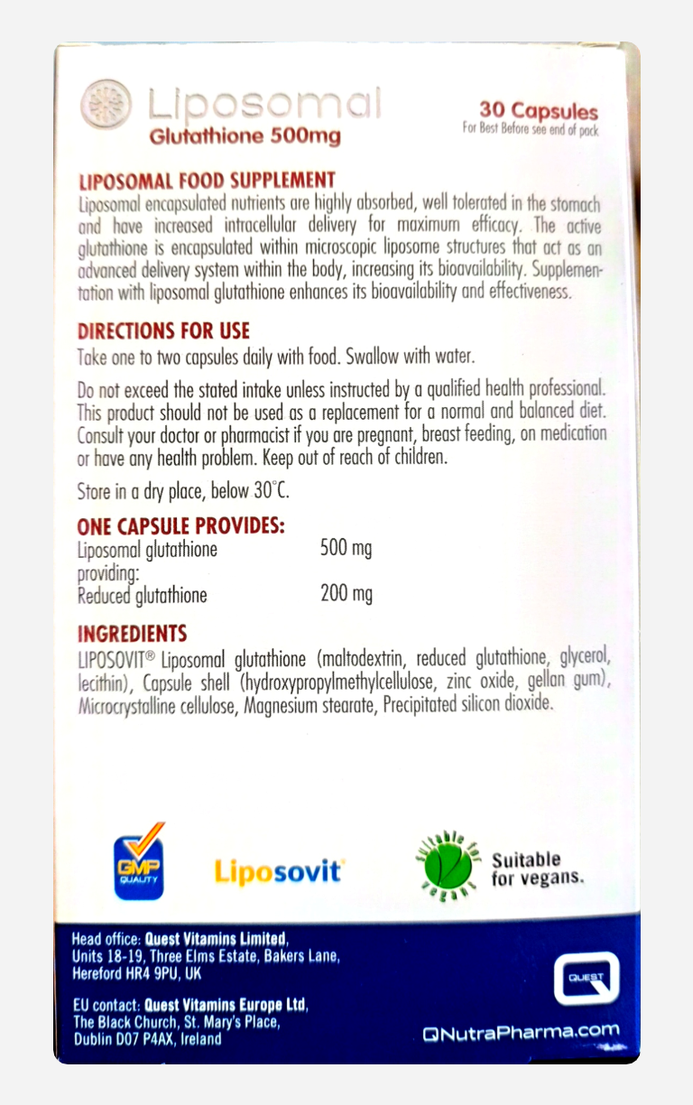 Liposomal Glutathione supplement packaging with text and logos on a white background