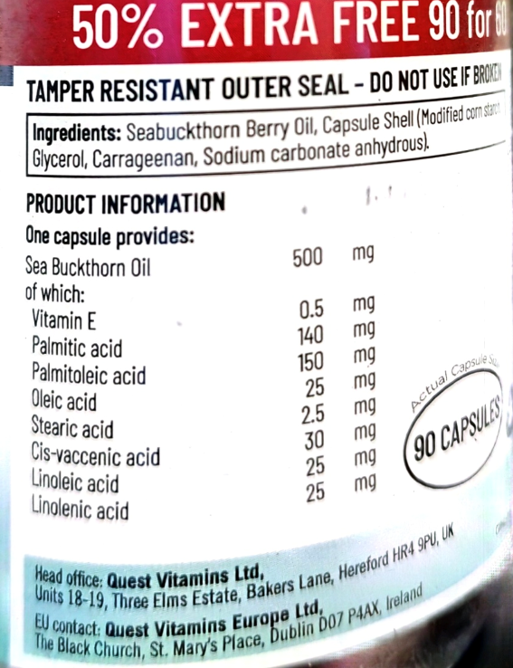 Close-up of a supplement bottle label showing product information for Sea Buckthorn Berry Oil capsules, including ingredients, dosage values, and a 90 capsules count.