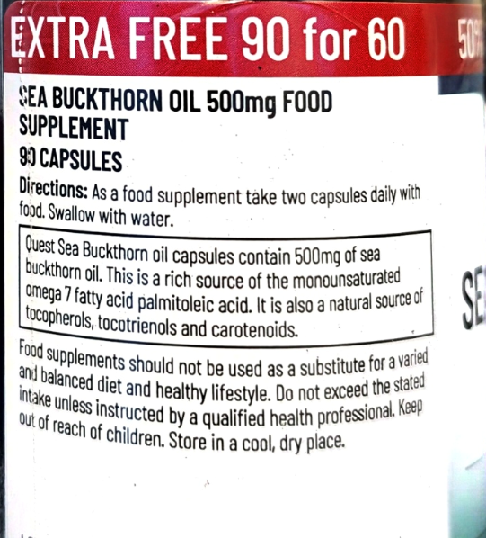 Close-up of a supplement label reading 'SEA BUCKTHORN OIL 500mg FOOD SUPPLEMENT 90 CAPSULES' with directions and a boxed ingredient note on a white background.