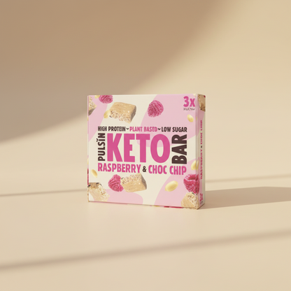 Pulsin' keto bar packaging with raspberry and chocolate chip flavor on a light background