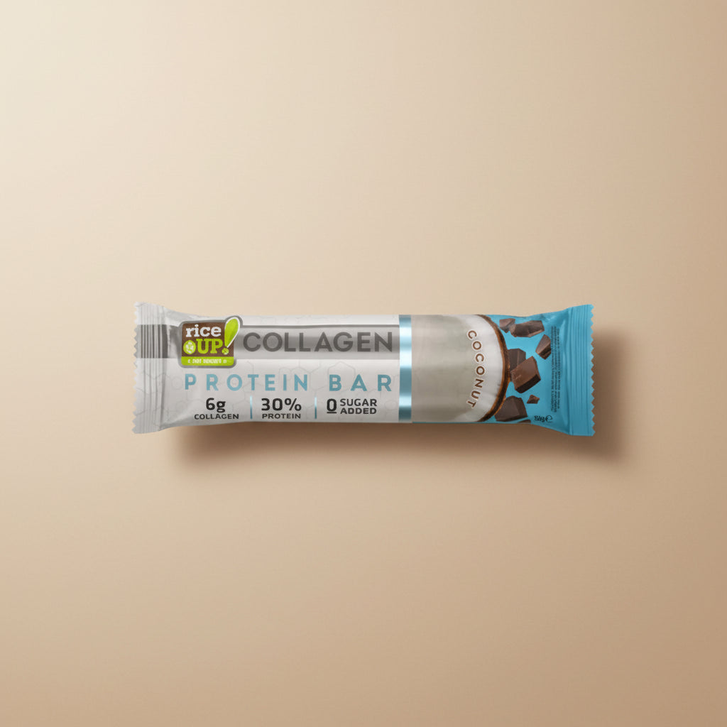 Protein bar with 'Pro Up! Collagen' branding on a white background