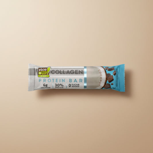Protein bar with 'Pro Up! Collagen' branding on a white background