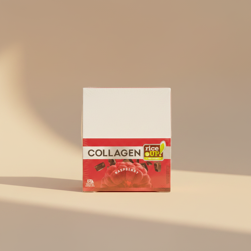 A boxed collagen supplement product wrapped in clear plastic, with a white upper section and a red lower section. The front reads 'COLLAGEN' and 'RASPBERRY,' with a 'rice UP.