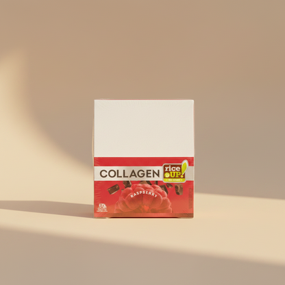 A boxed collagen supplement product wrapped in clear plastic, with a white upper section and a red lower section. The front reads 'COLLAGEN' and 'RASPBERRY,' with a 'rice UP.
