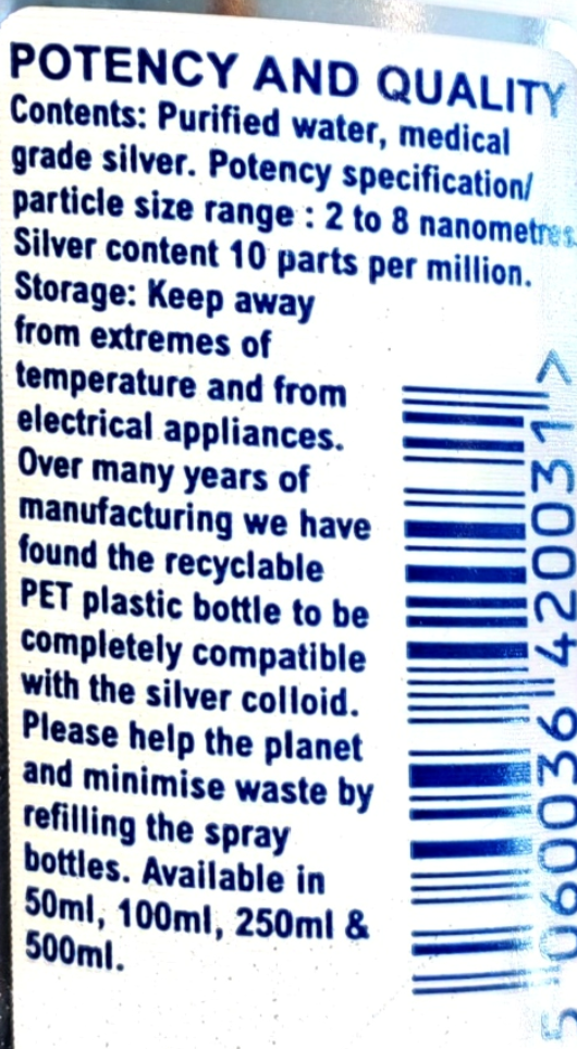 Close-up of a product label with blue text on a white background, showing contents, potency and quality information, storage instructions, and a barcode.