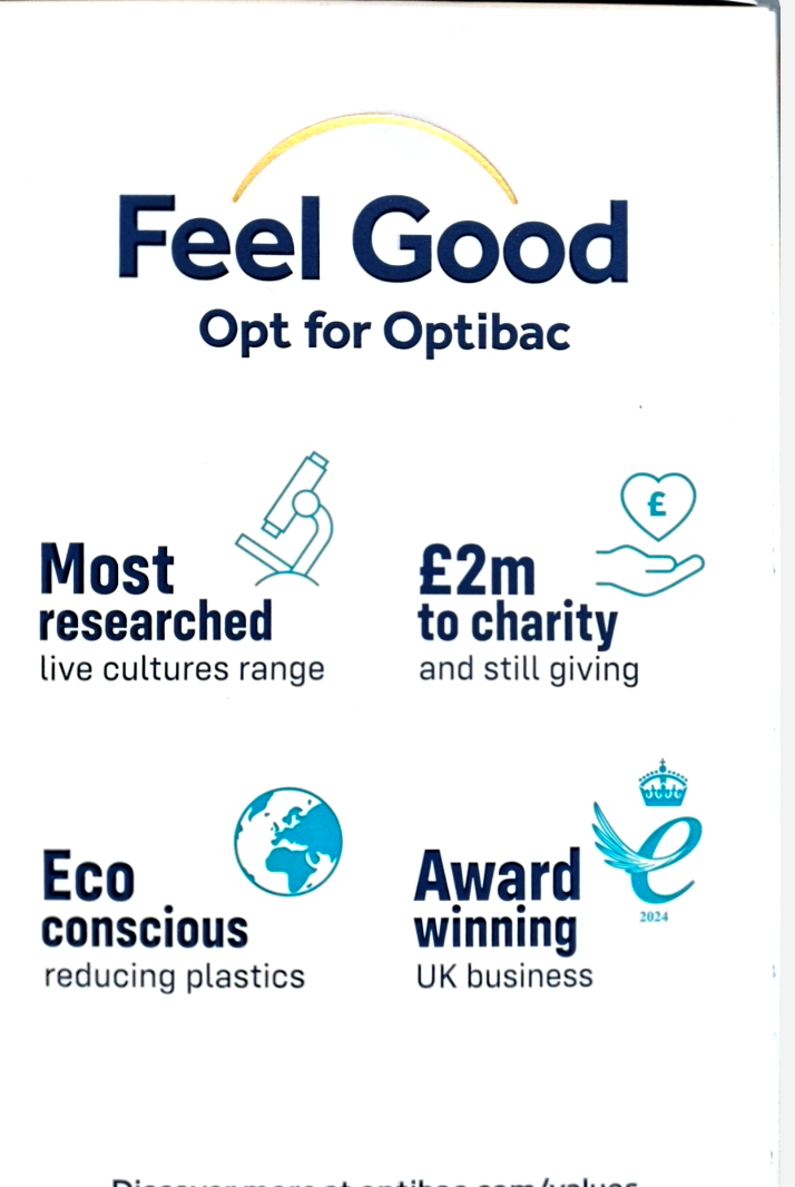 A promotional graphic for 'Feel Good Opt for Optibac' featuring four key benefit callouts with icons: 'Most researched live cultures range', '£2m to charity and still giving', 'Eco conscious reducing plastics', and 'Award winning UK business 2024'.