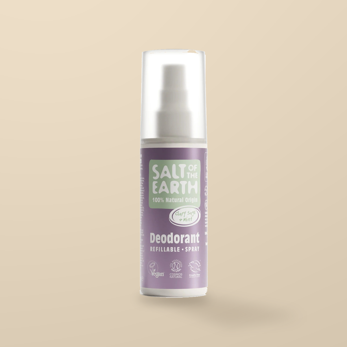 Salt of the Earth Clary Sage & Mint Deodorant Spray – 100ml — original product packaging on warm beige background