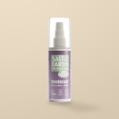 Salt of the Earth Clary Sage & Mint Deodorant Spray – 100ml — original product packaging on warm beige background