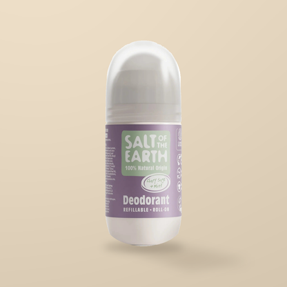 Salt of the Earth Clary Sage & Mint Roll-On Deodorant – 75ml — original product packaging on warm beige background