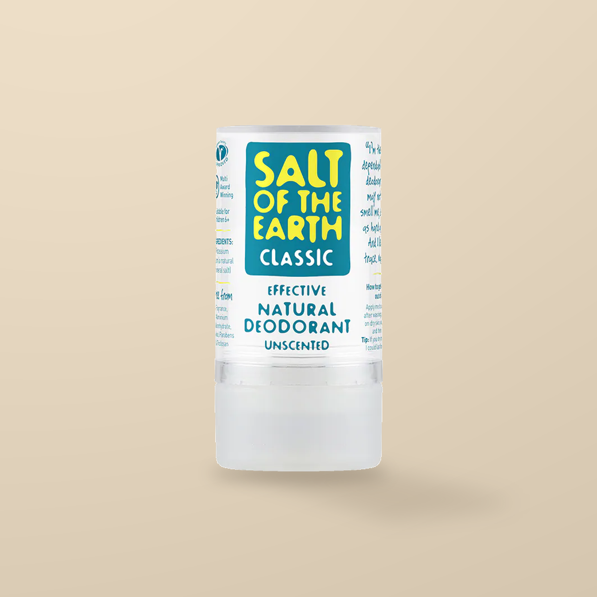 Salt of the Earth Classic Unscented Crystal Deodorant – 90g — original product packaging on warm beige background