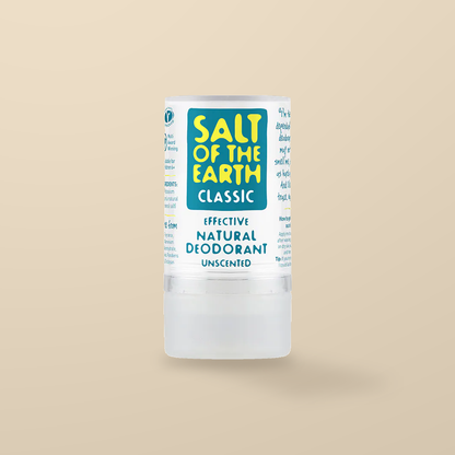 Salt of the Earth Classic Unscented Crystal Deodorant – 90g — original product packaging on warm beige background