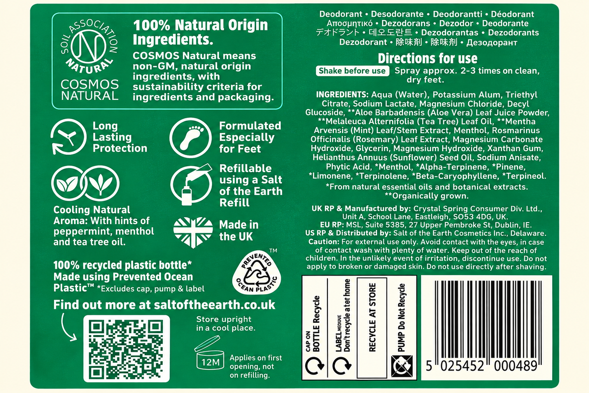 Salt of the Earth Peppermint and Tea Tree Foot Deodorant 100ml complete back label with ingredients, directions and cautions