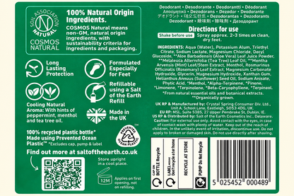Salt of the Earth Peppermint and Tea Tree Foot Deodorant 100ml complete back label with ingredients, directions and cautions