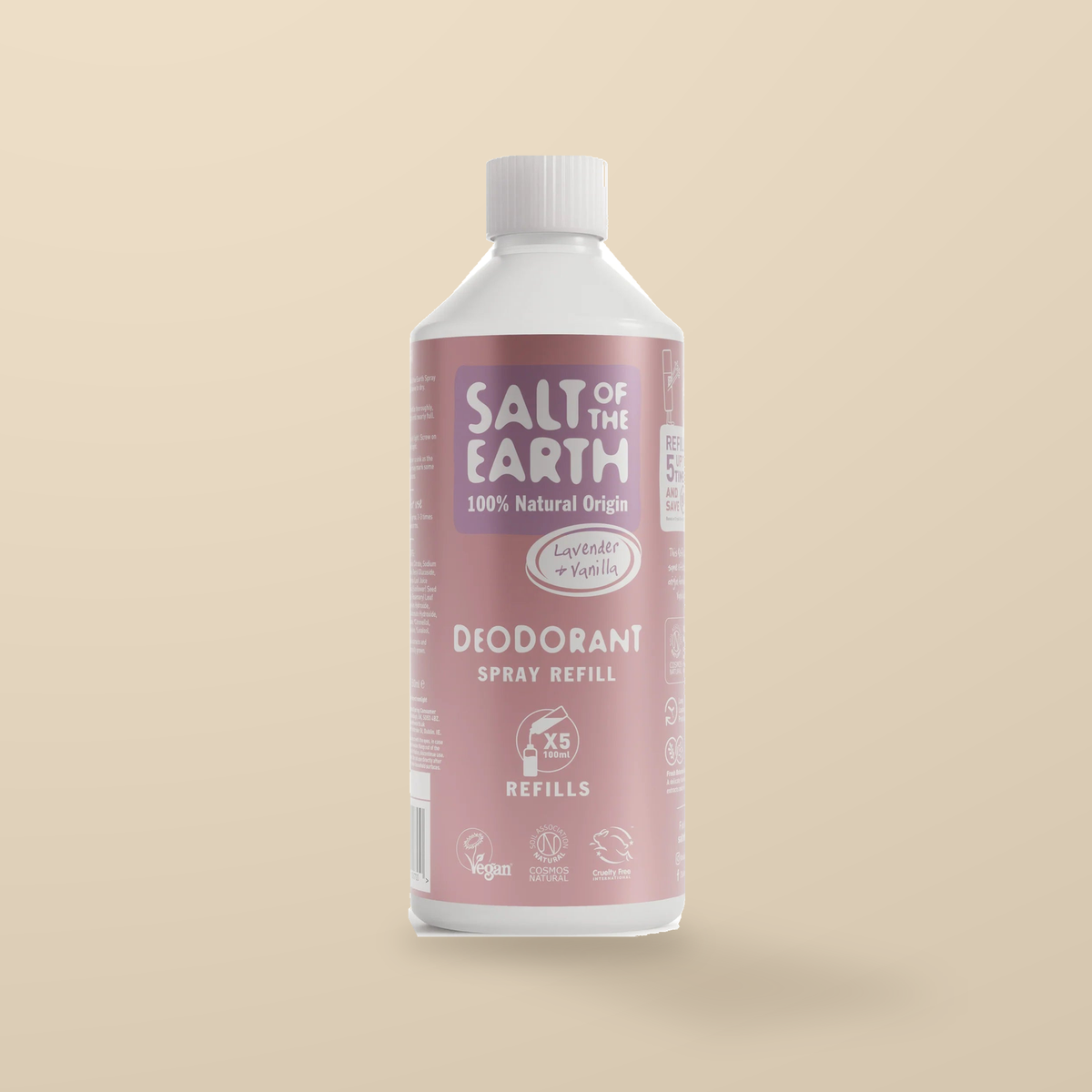 Salt of the Earth Lavender & Vanilla Deodorant Spray Refill – 500ml — original product packaging on warm beige background