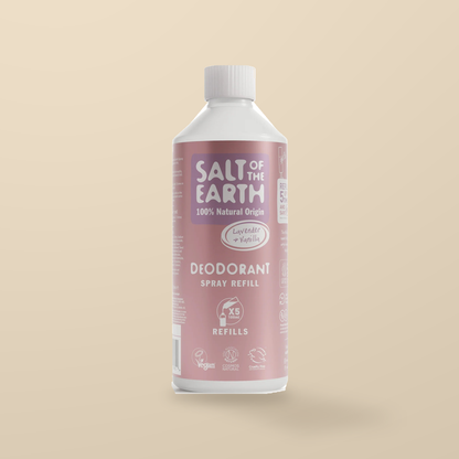 Salt of the Earth Lavender & Vanilla Deodorant Spray Refill – 500ml — original product packaging on warm beige background