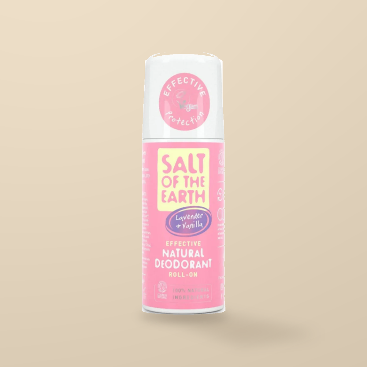 Salt of the Earth Lavender & Vanilla Roll-On Deodorant – 75ml — original product packaging on warm beige background