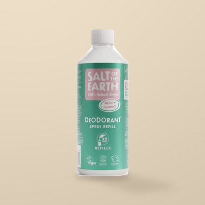 Salt of the Earth Melon & Cucumber Deodorant Spray Refill – 500ml — original product packaging on warm beige background