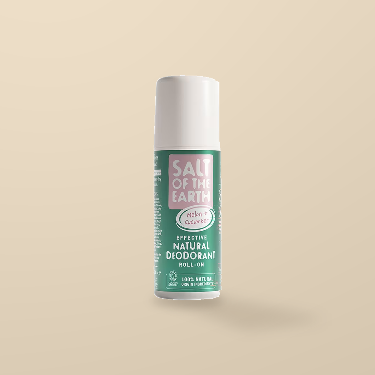Salt of the Earth Melon & Cucumber Roll-On Deodorant – 75ml — original product packaging on warm beige background