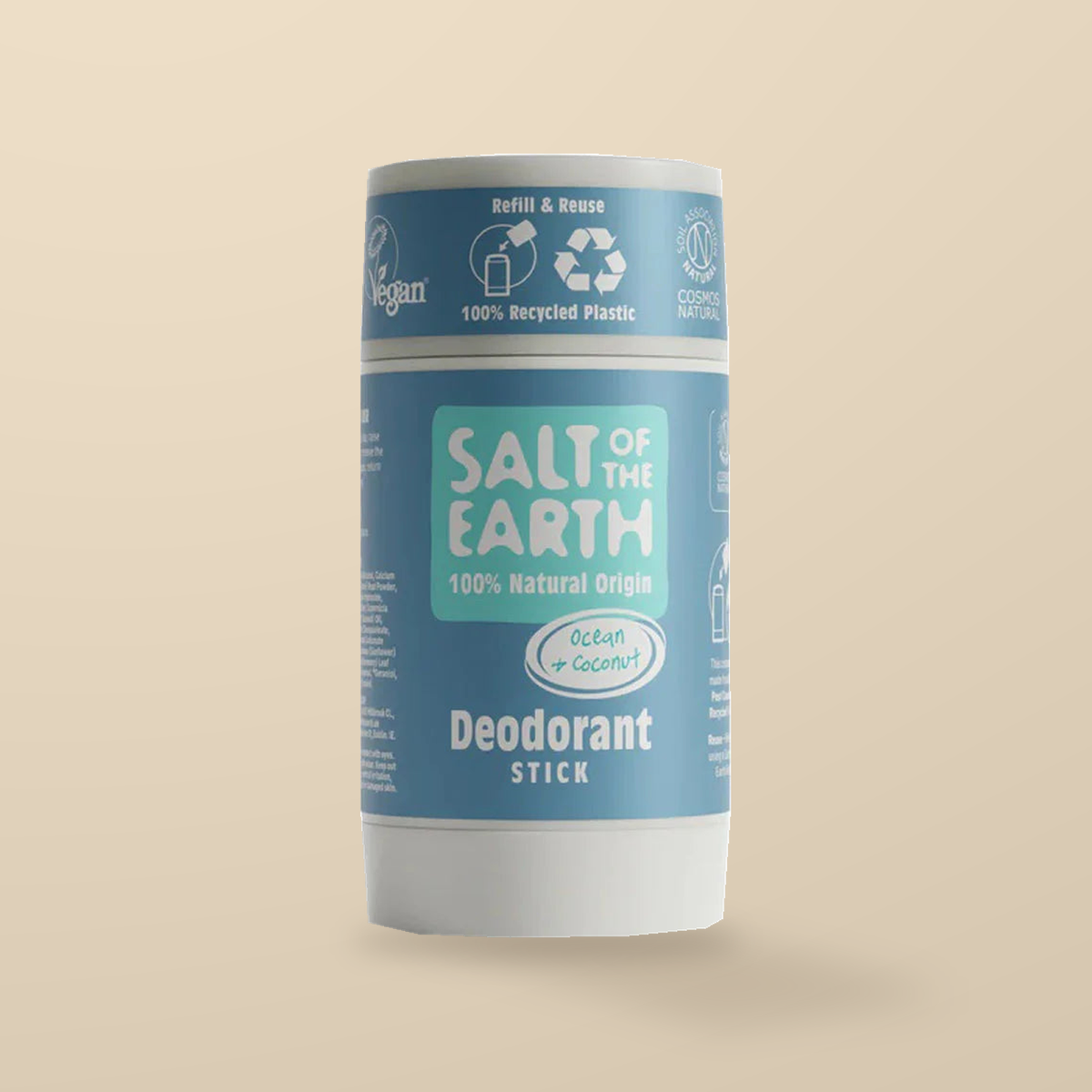 Salt of the Earth Ocean & Coconut Refillable Deodorant Stick – 84g — original product packaging on warm beige background