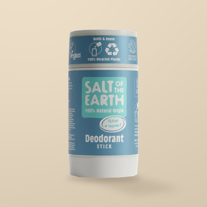 Salt of the Earth Ocean & Coconut Refillable Deodorant Stick – 84g — original product packaging on warm beige background