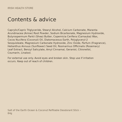 Salt of the Earth Ocean & Coconut Refillable Deodorant Stick – 84g ingredients and advice