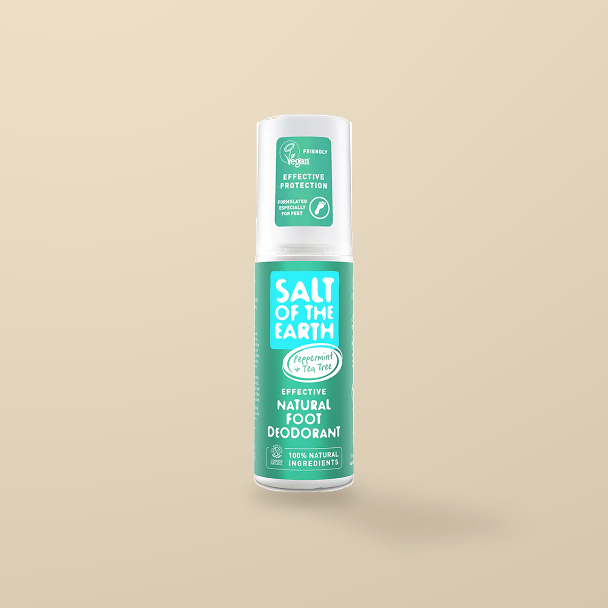 Salt of the Earth Peppermint & Tea Tree Foot Deodorant Spray – 100ml — original product packaging on warm beige background