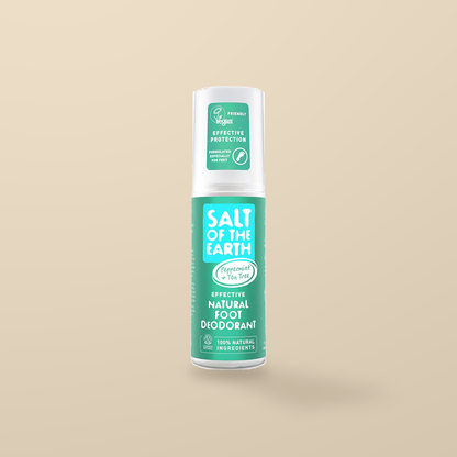 Salt of the Earth Peppermint & Tea Tree Foot Deodorant Spray – 100ml — original product packaging on warm beige background