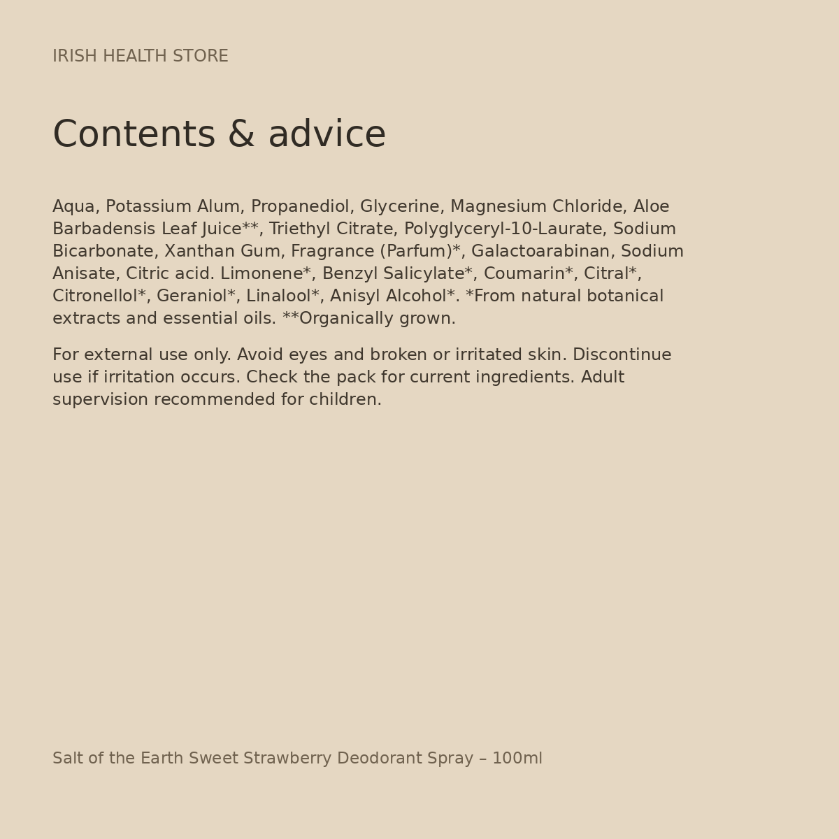 Salt of the Earth Sweet Strawberry Deodorant Spray – 100ml ingredients and advice