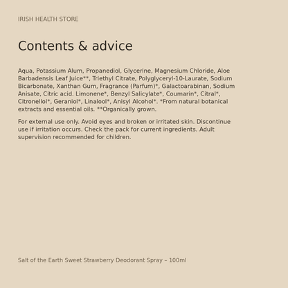 Salt of the Earth Sweet Strawberry Deodorant Spray – 100ml ingredients and advice
