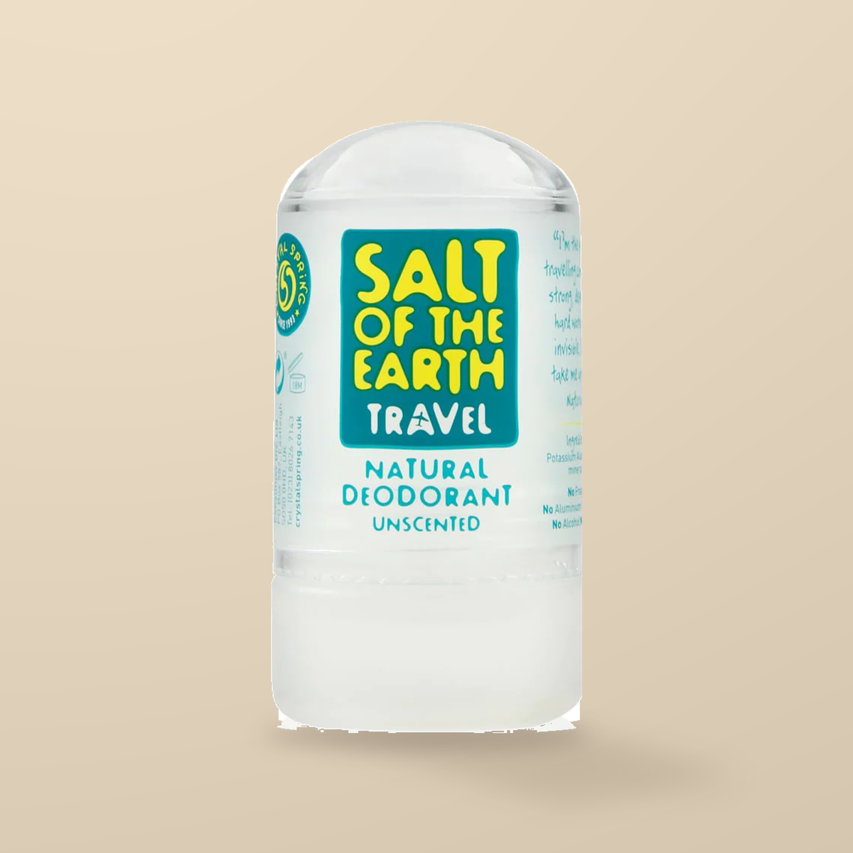 Salt of the Earth Travel Unscented Crystal Deodorant – 50g — original product packaging on warm beige background