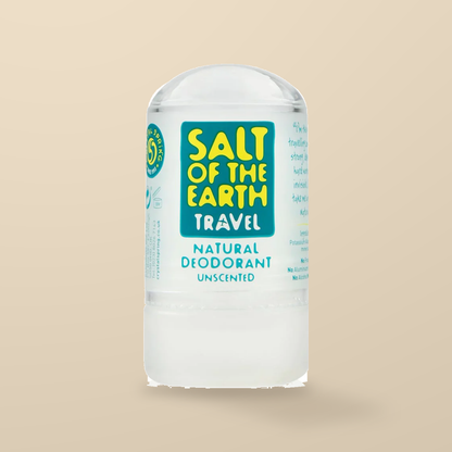 Salt of the Earth Travel Unscented Crystal Deodorant – 50g — original product packaging on warm beige background