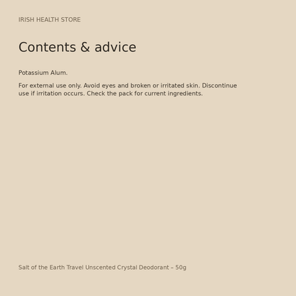 Salt of the Earth Travel Unscented Crystal Deodorant – 50g ingredients and advice