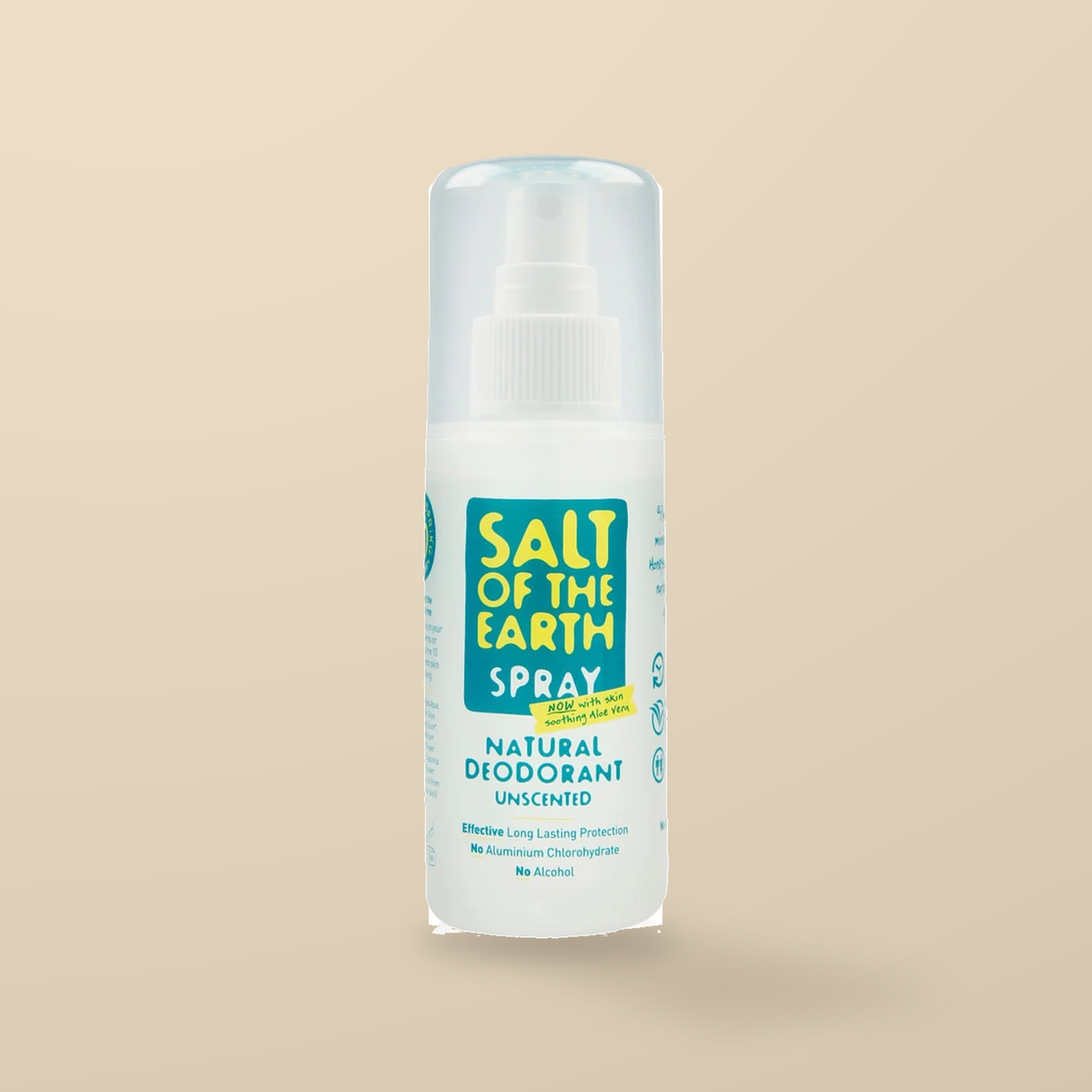Salt of the Earth Unscented Deodorant Spray – 100ml — original product packaging on warm beige background