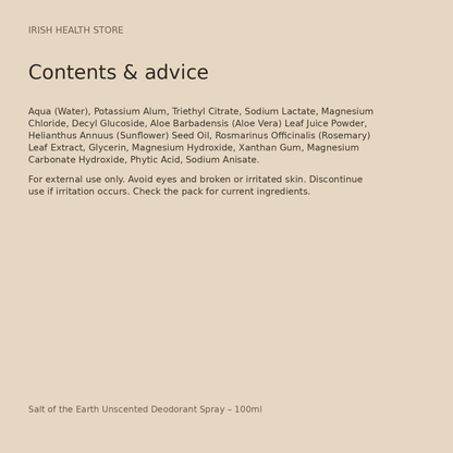 Salt of the Earth Unscented Deodorant Spray – 100ml ingredients and advice