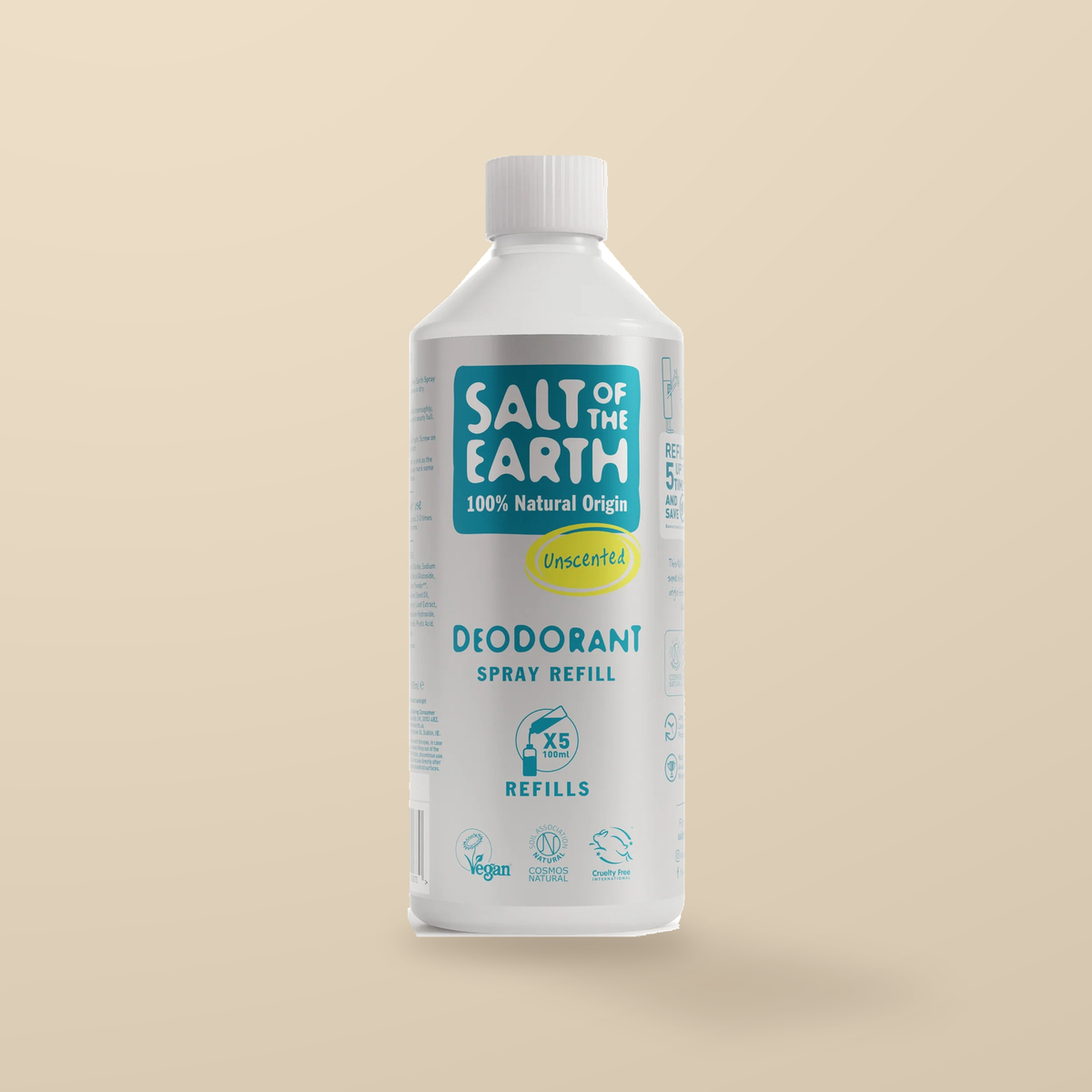 Salt of the Earth Unscented Deodorant Spray Refill – 500ml — original product packaging on warm beige background