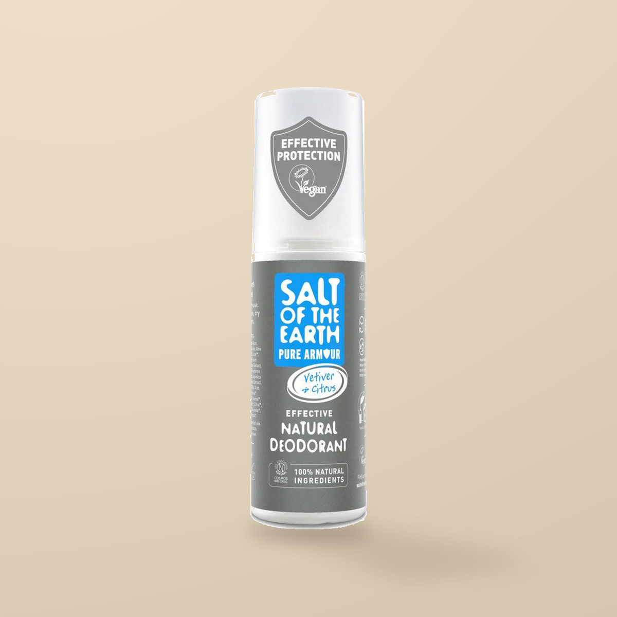 Salt of the Earth Vetiver & Citrus Deodorant Spray – 100ml — original product packaging on warm beige background