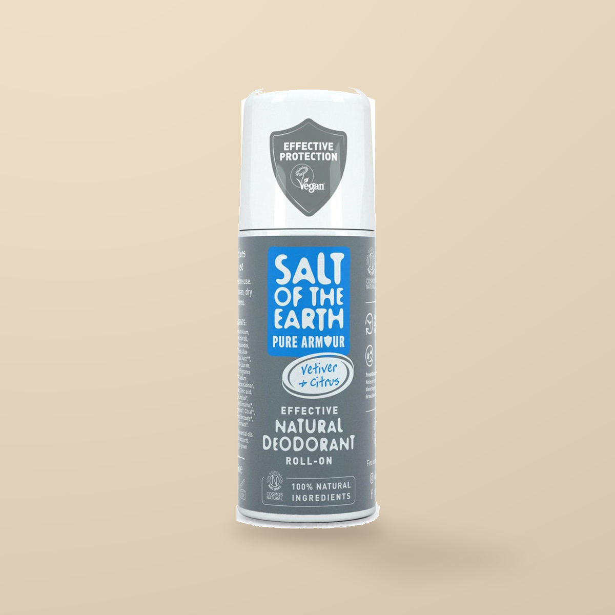 Salt of the Earth Vetiver & Citrus Roll-On Deodorant – 75ml — original product packaging on warm beige background