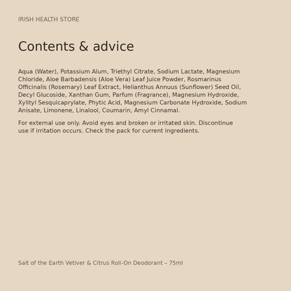 Salt of the Earth Vetiver & Citrus Roll-On Deodorant – 75ml ingredients and advice