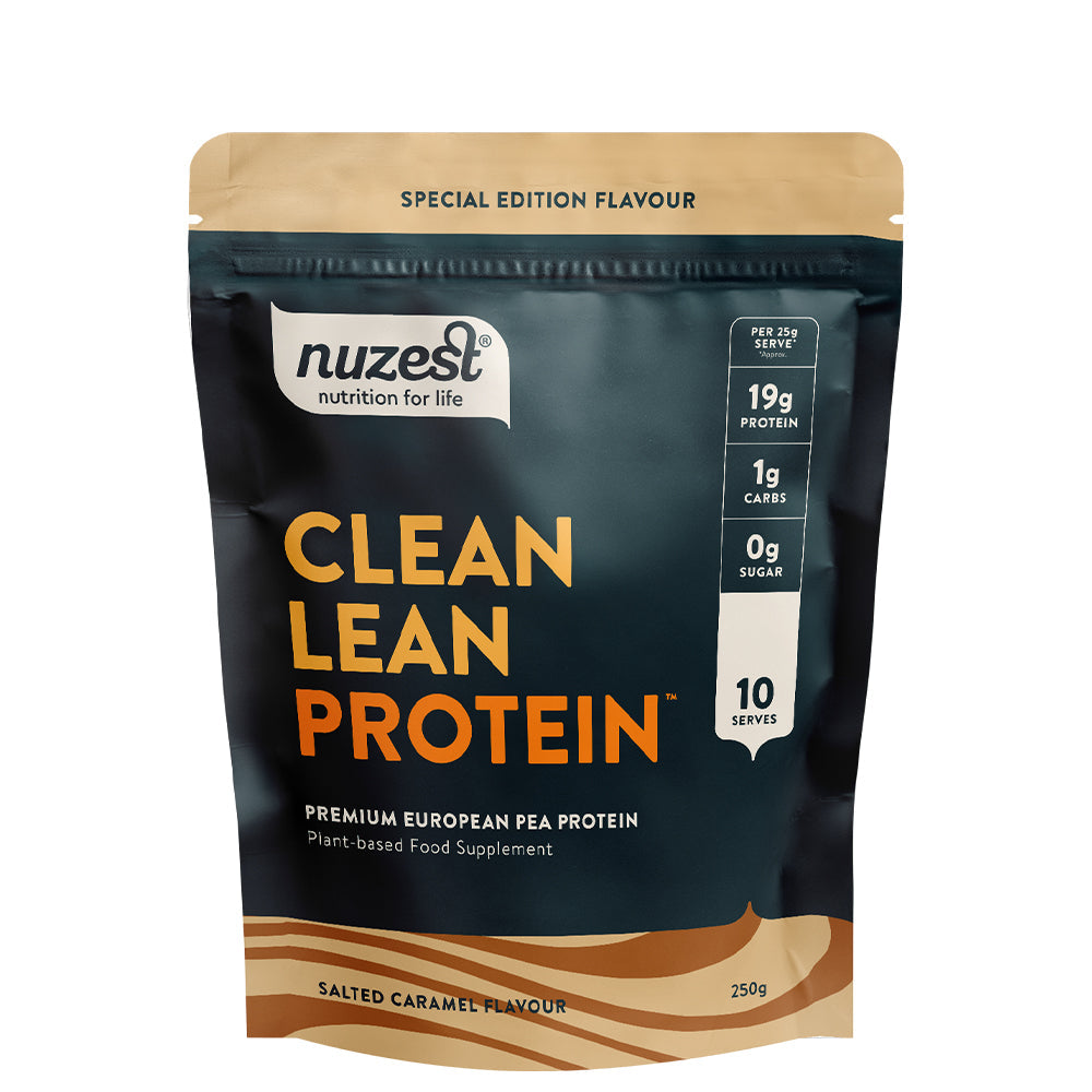 Front view of Salted Caramel Clean Lean Protein 250g pack, limited edition plant-based protein.