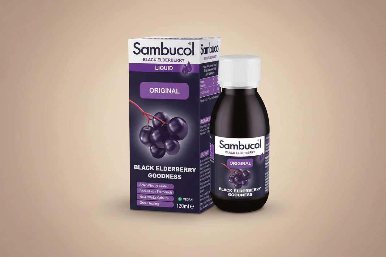 Sambucol Black Elderberry Liquid packaging and bottle on a white background