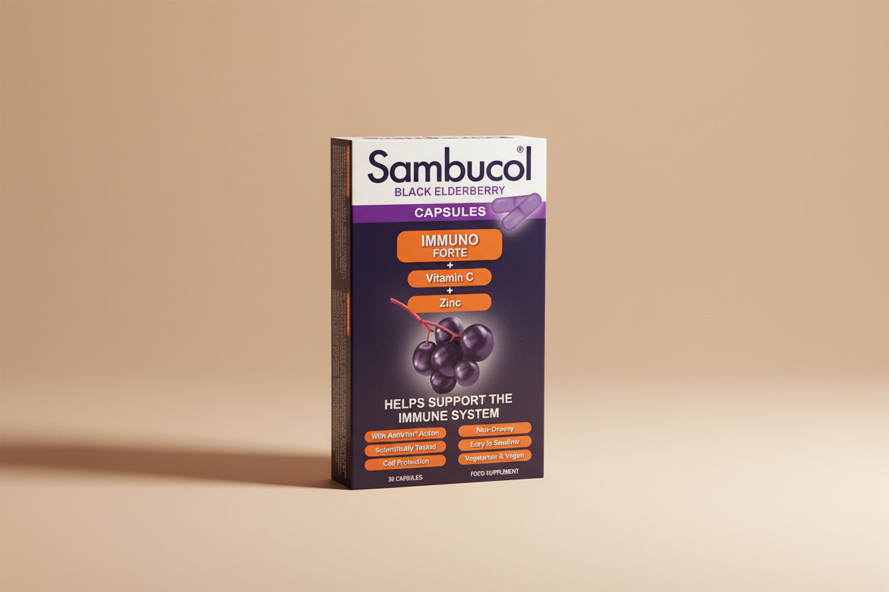 Sambucol Black Elderberry Capsules packaging on a white background