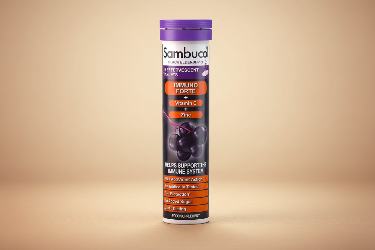 Sambucol Immuno Forte supplement tube on a white background