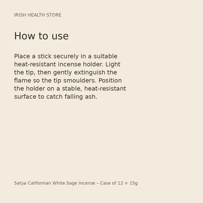 Satya Californian White Sage Incense – Case of 12 × 15g directions