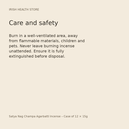 Satya Nag Champa Agarbatti Incense – Case of 12 × 15g safety and care