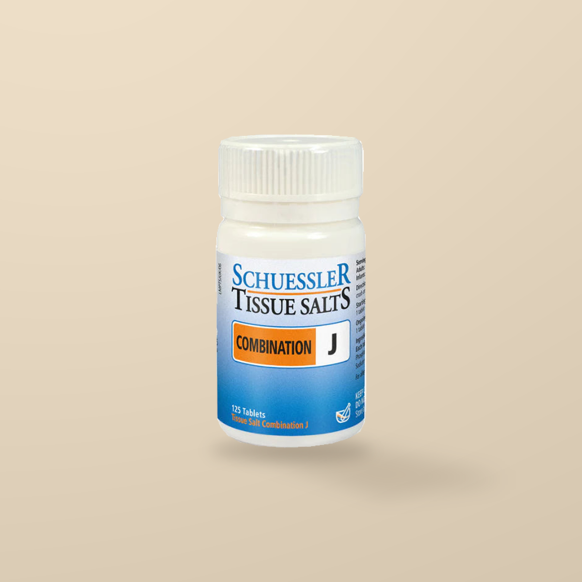 Schuessler Tissue Salts Combination J 125 Tablets — original product packaging on warm beige background