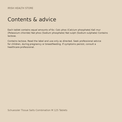 Schuessler Tissue Salts Combination M 125 Tablets contents and advice