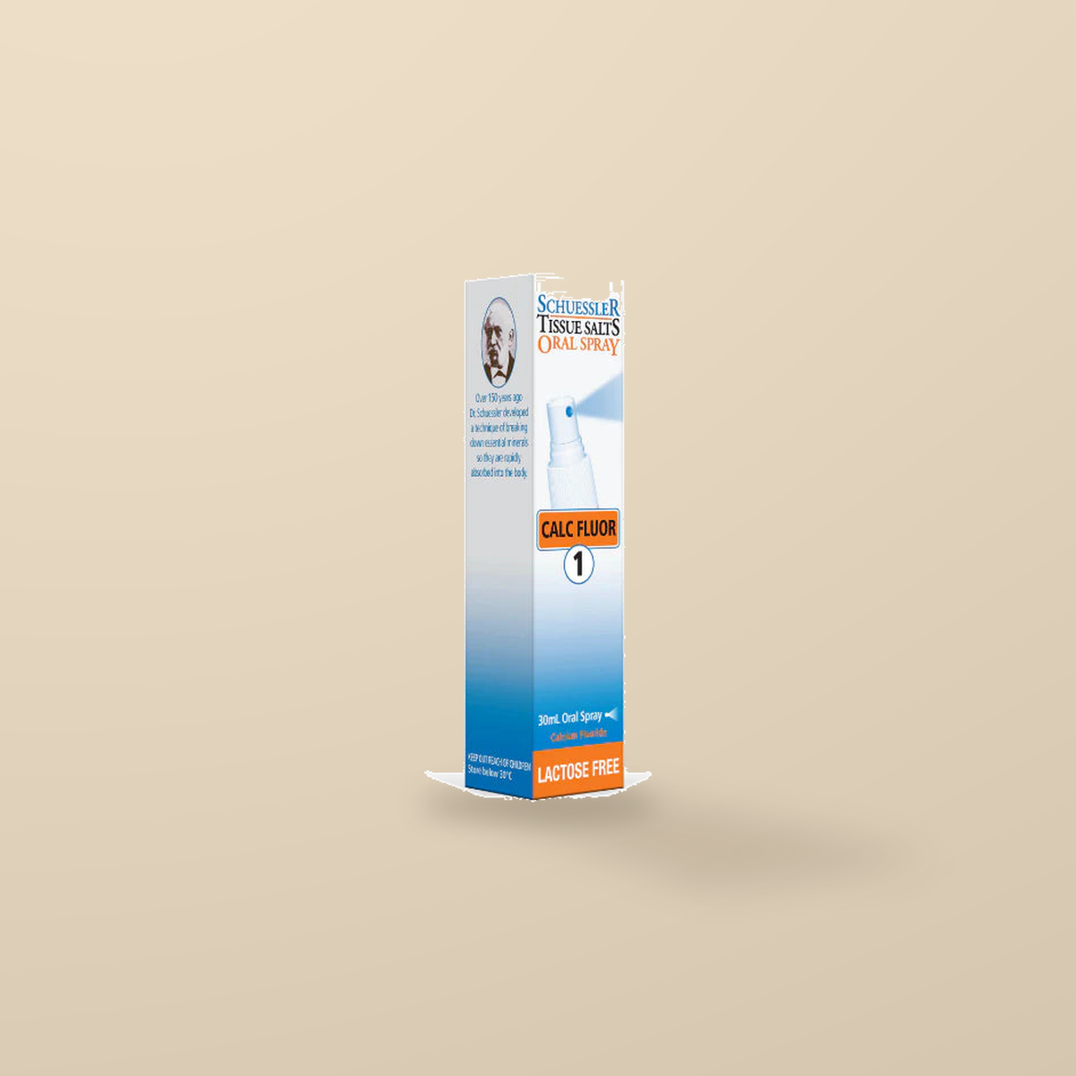 Schuessler Tissue Salts No. 1 Calc Fluor Oral Spray 30ml — original product packaging on warm beige background