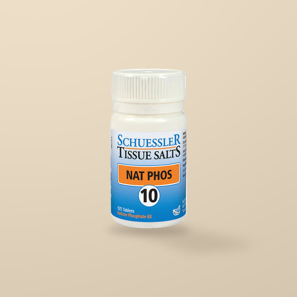 Schuessler Tissue Salts No. 10 Nat Phos 125 Tablets — original product packaging on warm beige background