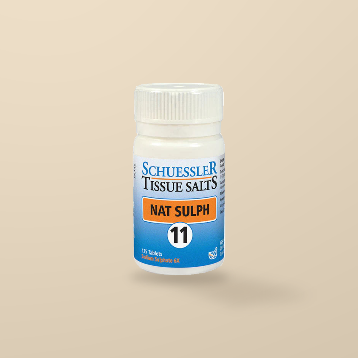 Schuessler Tissue Salts No. 11 Nat Sulph 125 Tablets — original product packaging on warm beige background