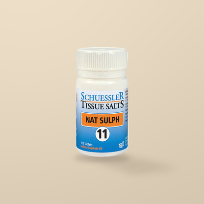 Schuessler Tissue Salts No. 11 Nat Sulph 125 Tablets — original product packaging on warm beige background